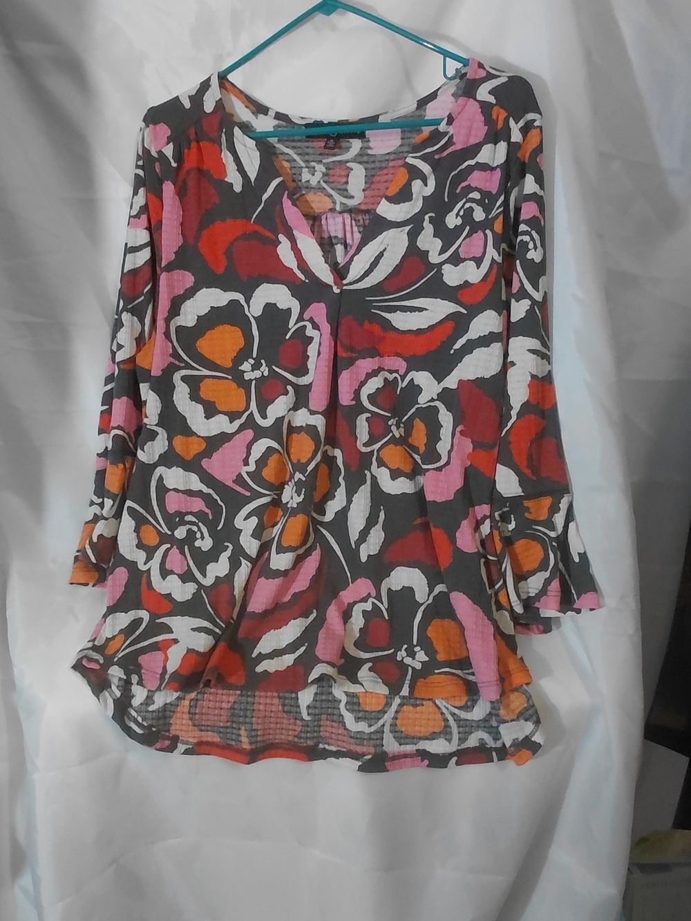Fred David Floral V-Neck Tunic in Gray, Pink & Orange